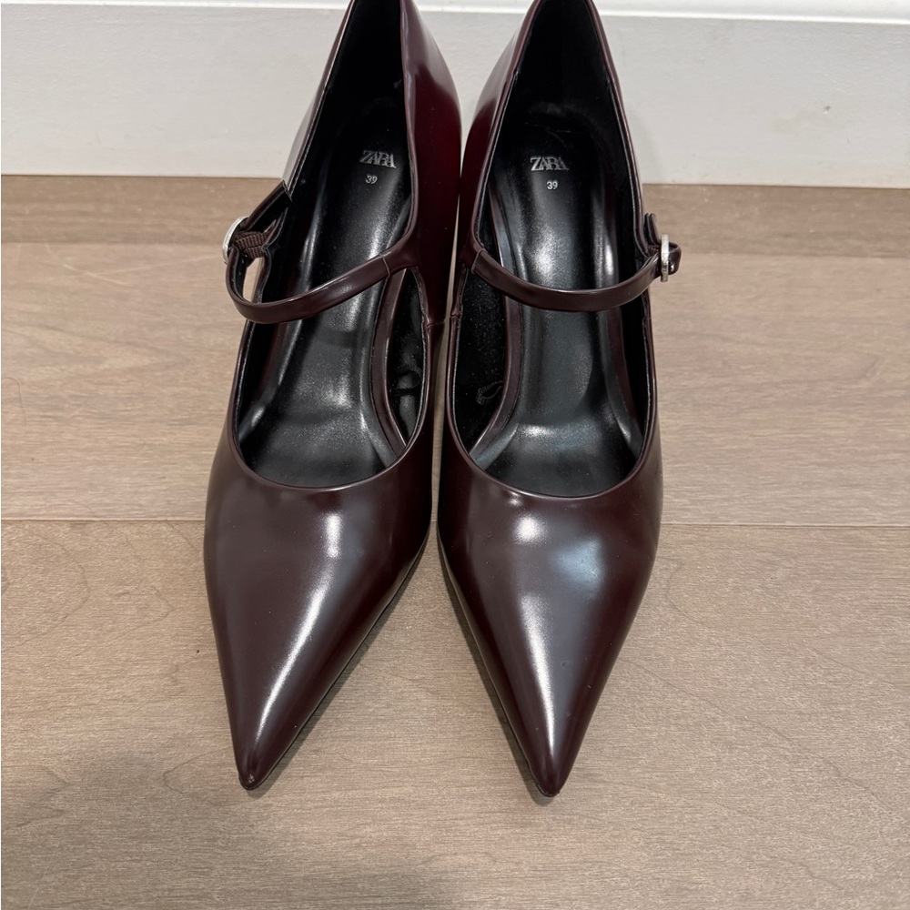 Zara Dark Burgundy Patent Pointed Mary Jane Heels